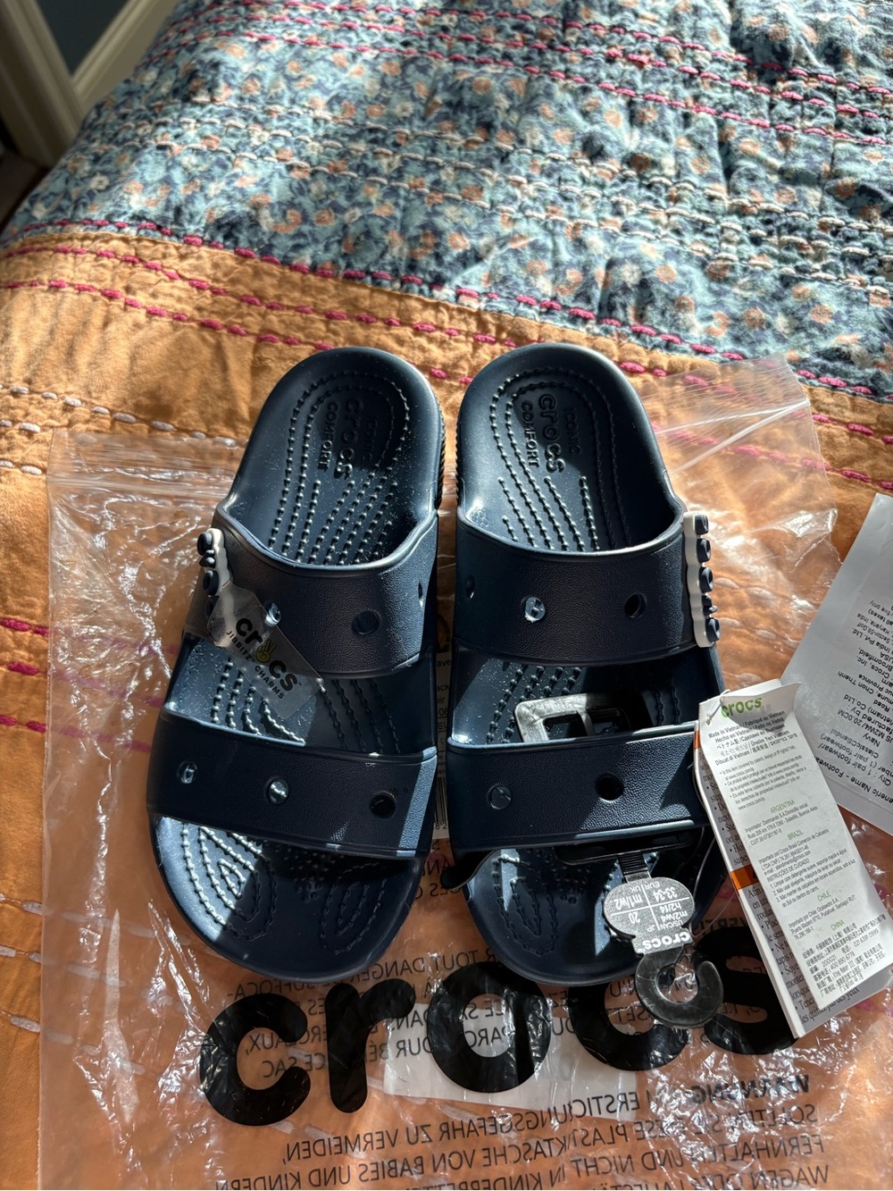 CROCS Navy Dual-Strap Slide Sandals with Stud Accents